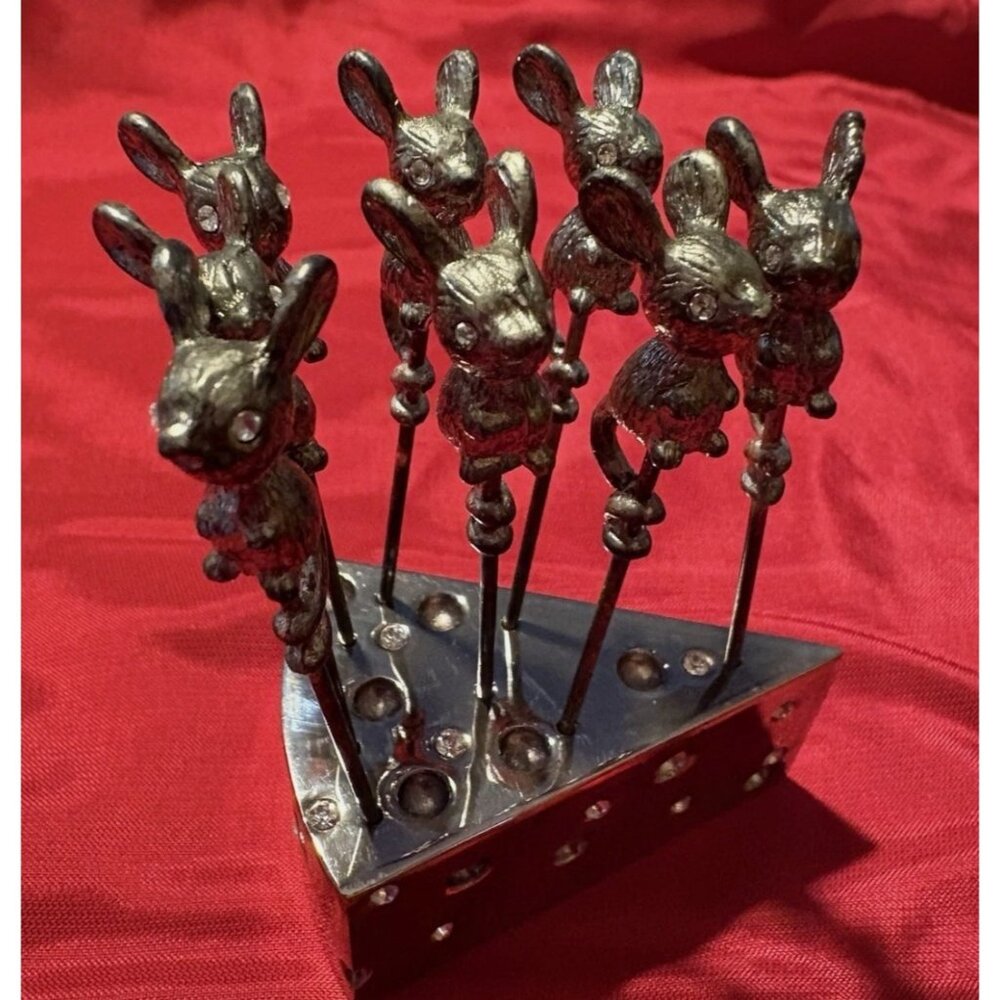 Vintage Silver Plated Godinger Appetizer Cheese Picks Holder Silver Mouse 9 Pcs
